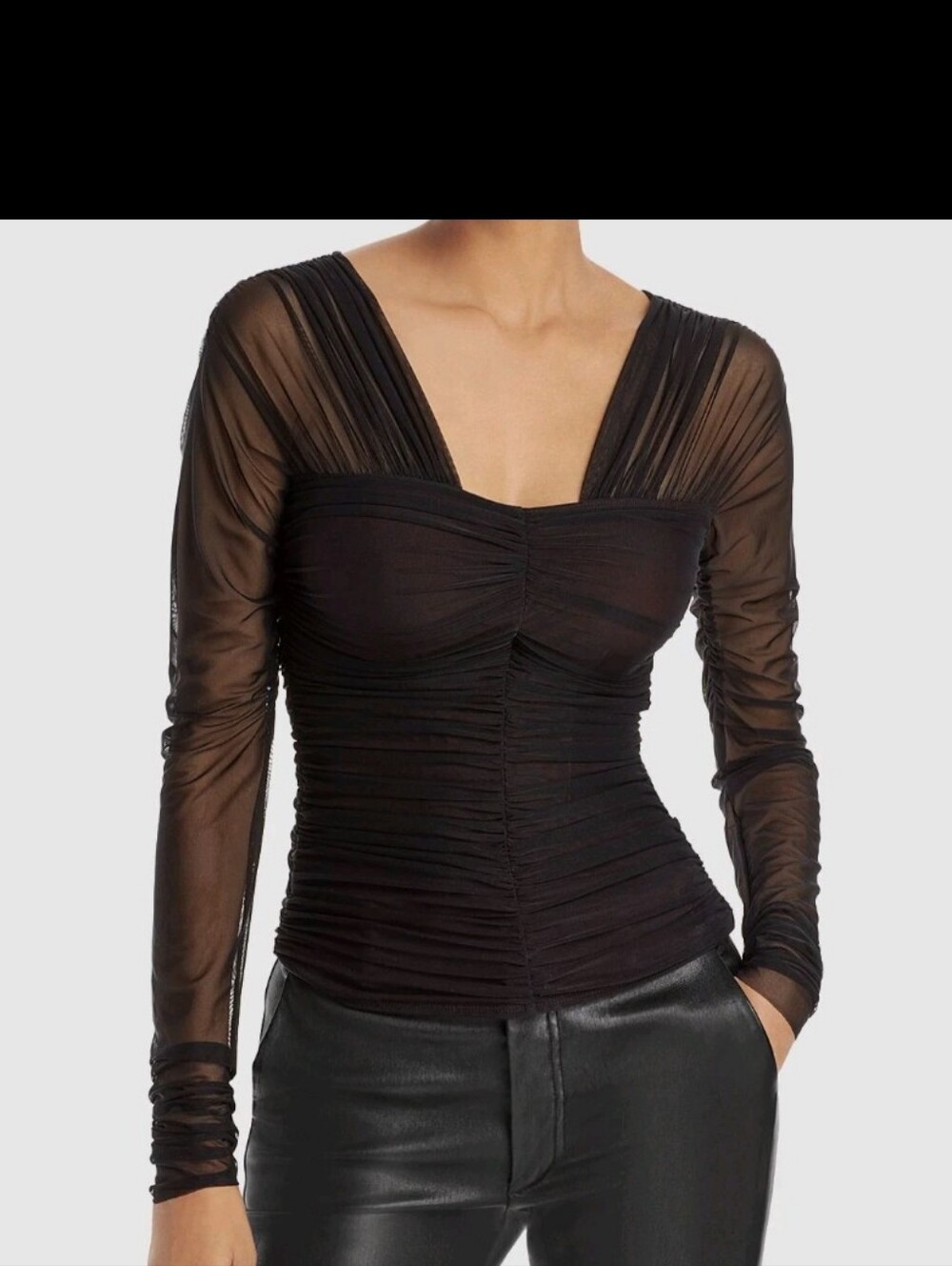 A.L.C. Jackie Ruched Long Sleeve Top Blouse Black XS Sheer Sleeves